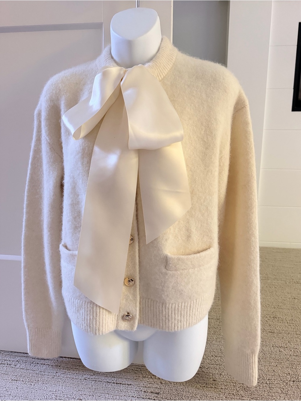 ANINE BING Gorgeous Ivory Alpaca Satin Bow Cardigan Sweater S/M NWT $500 - RARE!
